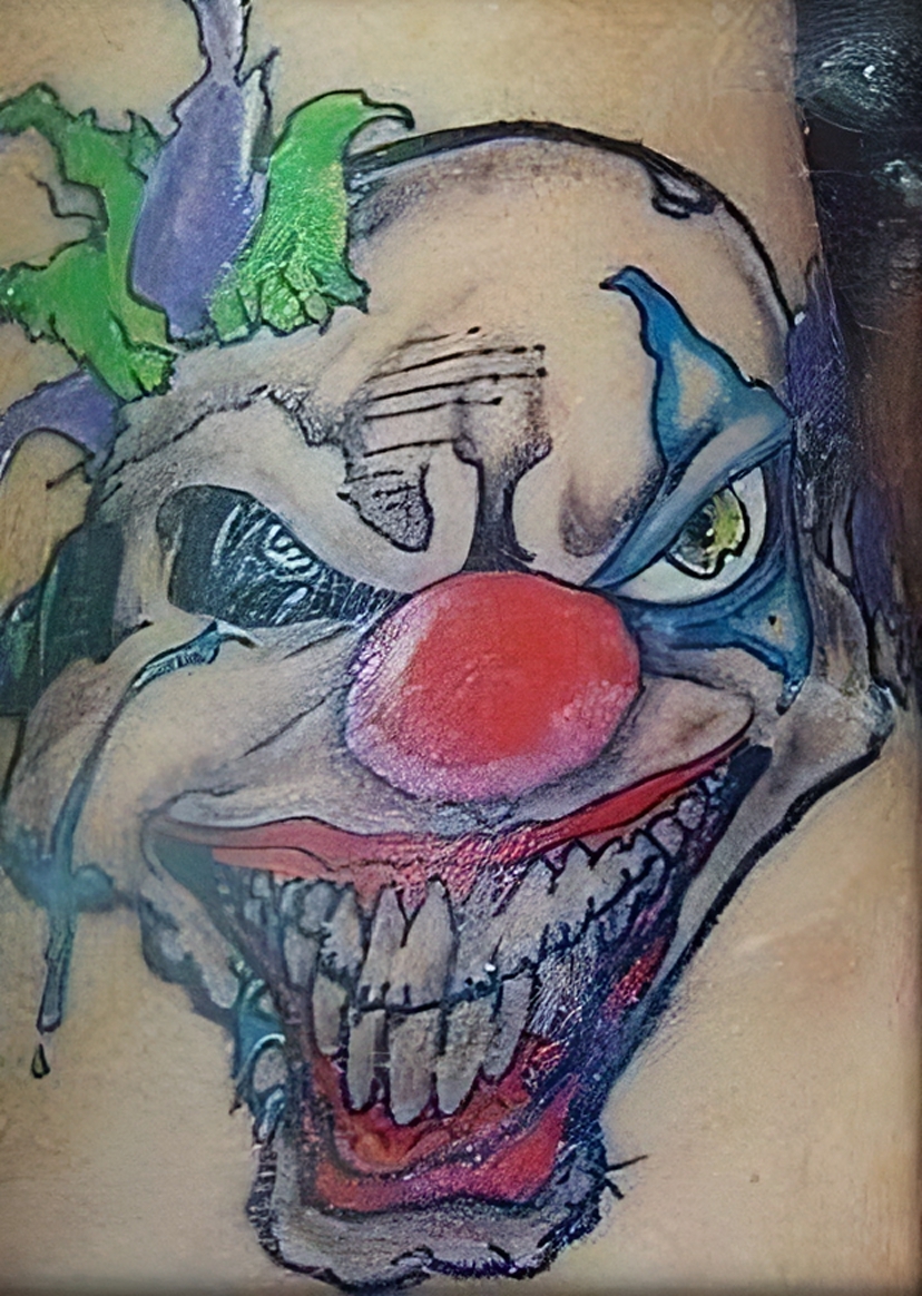Clown mit Totenkopf ähnlichem Gesicht