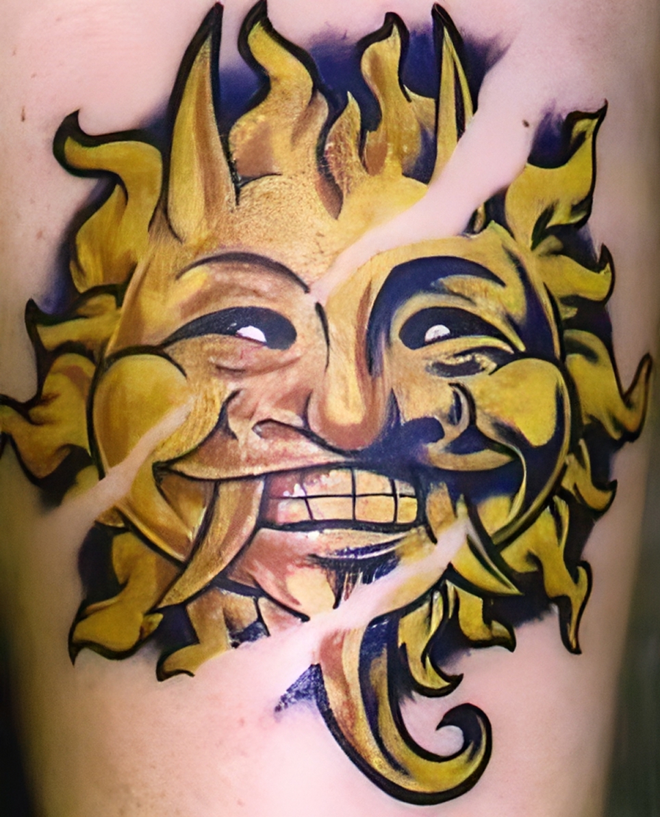 Gelbe Sonne mit lachendem Teufelsgesicht