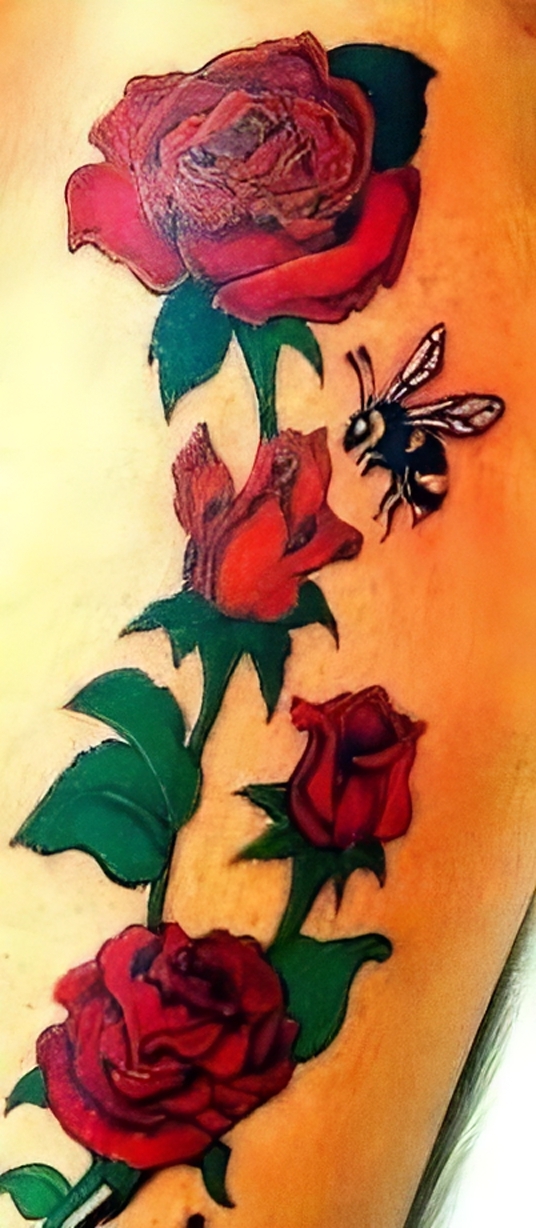 Rote Rosen mit kleiner Biene