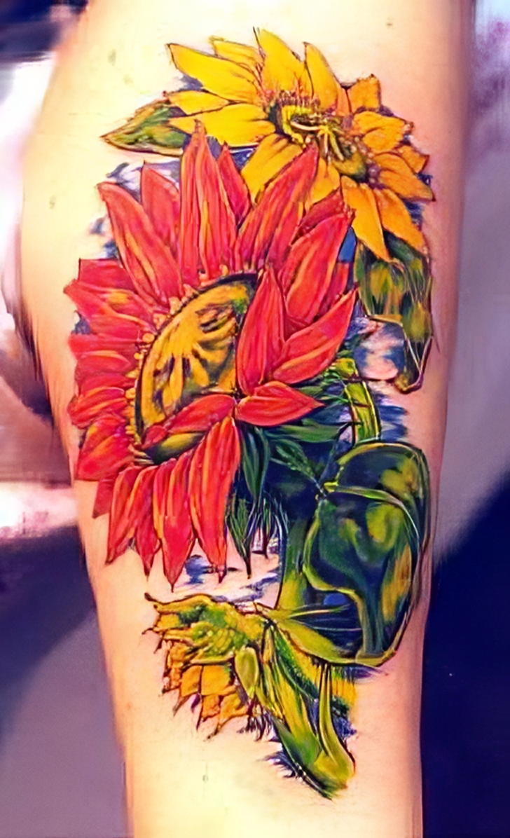 Rote und gelbe Sonnenblumen mit Stiel und Blätter