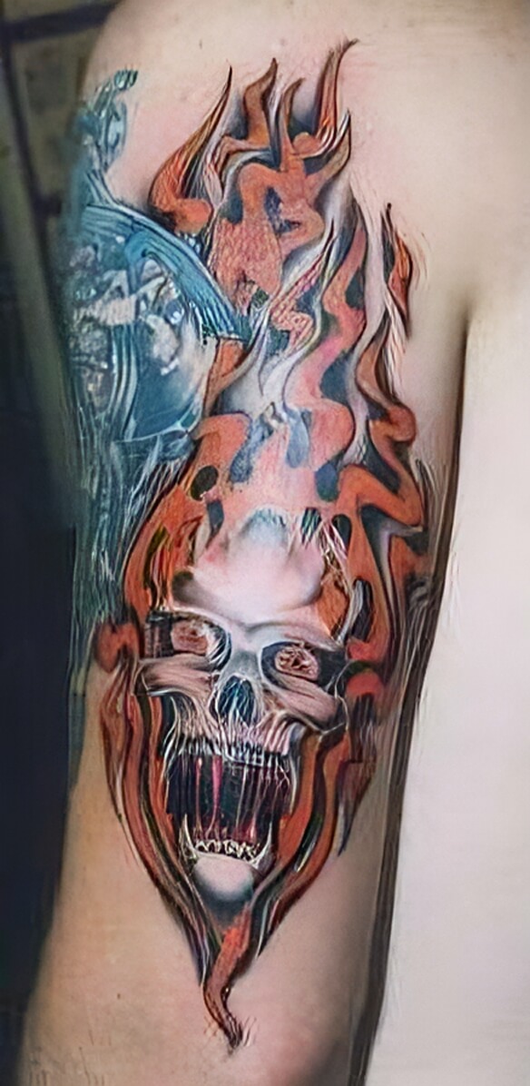 Totenkopf mit blutendem Gebiss und Flammen Totenkopf mit blutendem Gebiss und Flammen